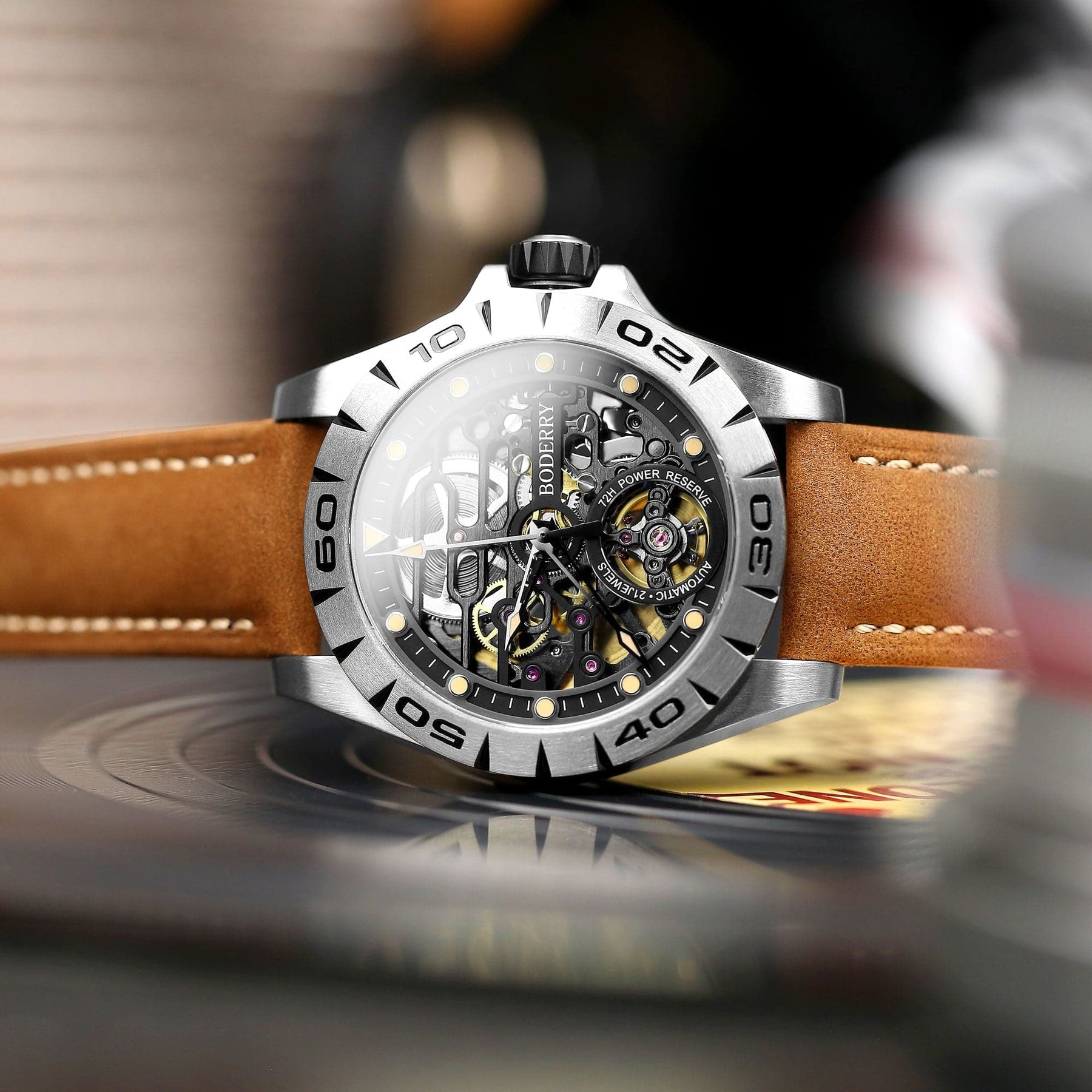 URBAN SKELETON(TITANIUM)- 3-Hand Hi-beat(28,800 bph) with 72 hrs Power-reserve Automatic Titanium Watch | Brown Leather Strap