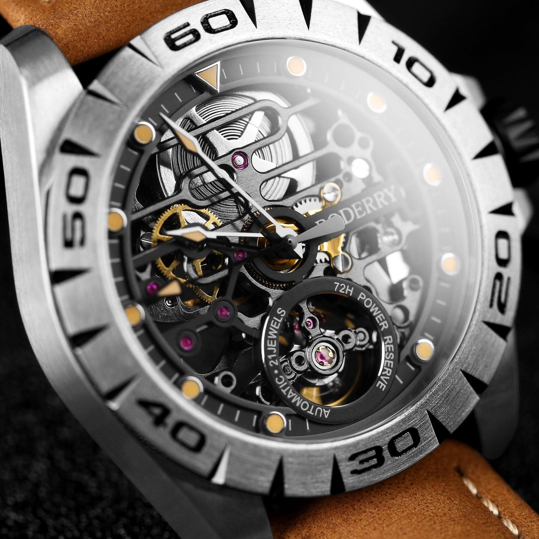 URBAN SKELETON(TITANIUM)- 3-Hand Hi-beat(28,800 bph) with 72 hrs Power-reserve Automatic Titanium Watch | Brown Leather Strap