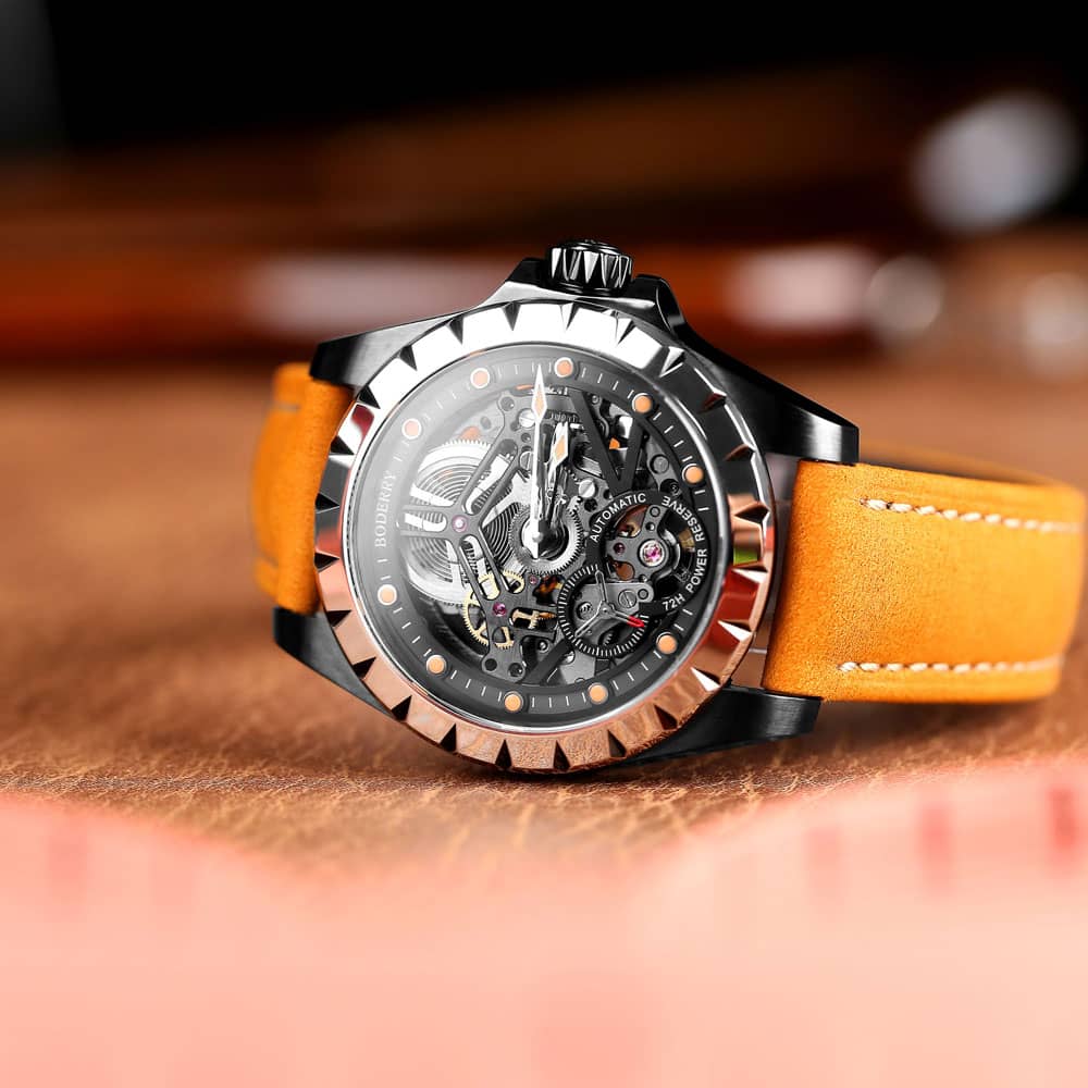 WINDMILL - Original Skeleton Hi-beat(28,800 bph) with 72 hrs Power-reserve Automatic Watch | Black Dial & Orange Leather Strap