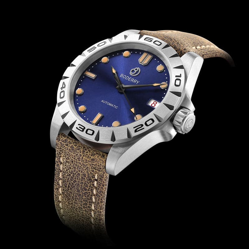 Mens Automatic Titanium Watch | Grey Dial/Leather Strap -Boderry Urban Date Boderry Watches