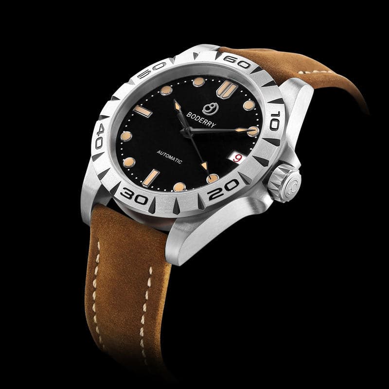 Mens Automatic Titanium Watch | Grey Dial/Leather Strap -Boderry Urban Date Boderry Watches