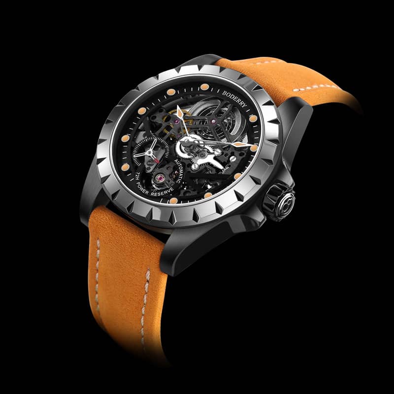 WINDMILL - Original Skeleton Hi-beat(28,800 bph) with 72 hrs Power-reserve Automatic Watch | Black Dial & Orange Leather Strap