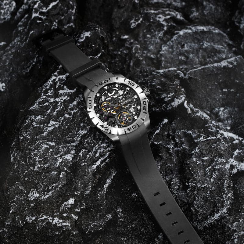 Men's Skeleton Automatic Watch | Black Case/Rubber-Boderry Urban Boderry Watches