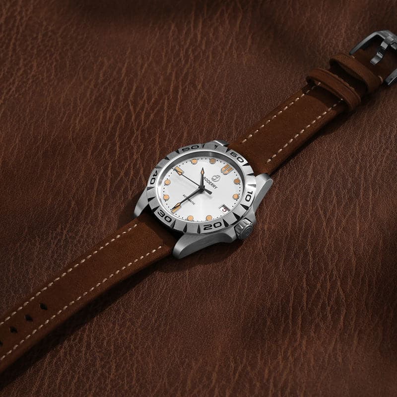 Mens Automatic Titanium Watch | Grey Dial/Leather Strap -Boderry Urban Date Boderry Watches