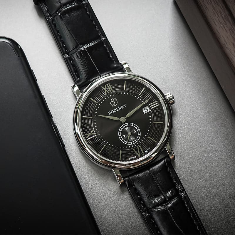 Mens Quartz(Swiss Movement) Watch | Silver/Black Dial-Boderry Elegant Boderry Watches