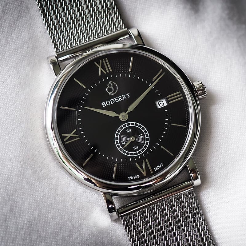 Mens Quartz(Swiss Movement) Watch | Silver/Black Dial-Boderry Elegant Boderry Watches