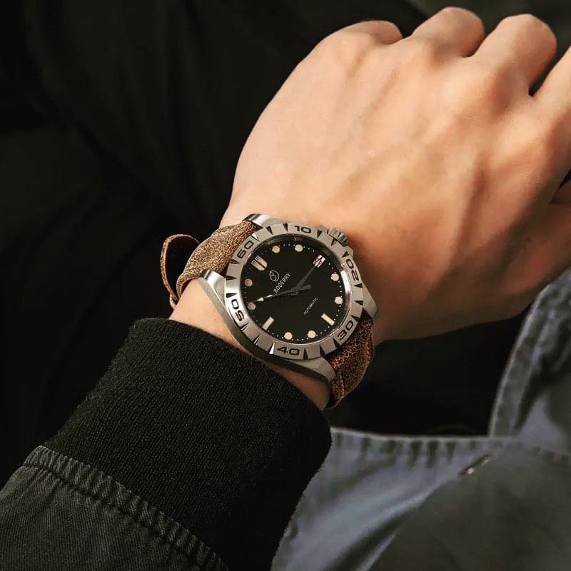 Mens Automatic Titanium Watch | Grey Dial/Leather Strap -Boderry Urban Date Boderry Watches