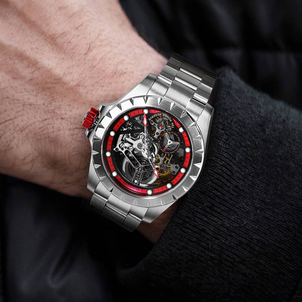 WINDMILL - Original Skeleton Hi-beat(28,800 bph) with 72 hrs Power-reserve Automatic Watch | Red Dial & Bracelet