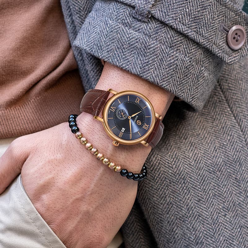 Mens Quartz(Swiss Movement) Watch | Rose Gold/Blue-Boderry Elegant Boderry Watches