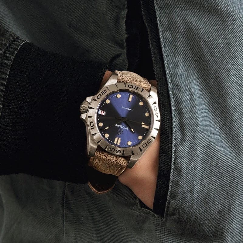 Mens Automatic Titanium Watch | Grey Dial/Leather Strap -Boderry Urban Date Boderry Watches