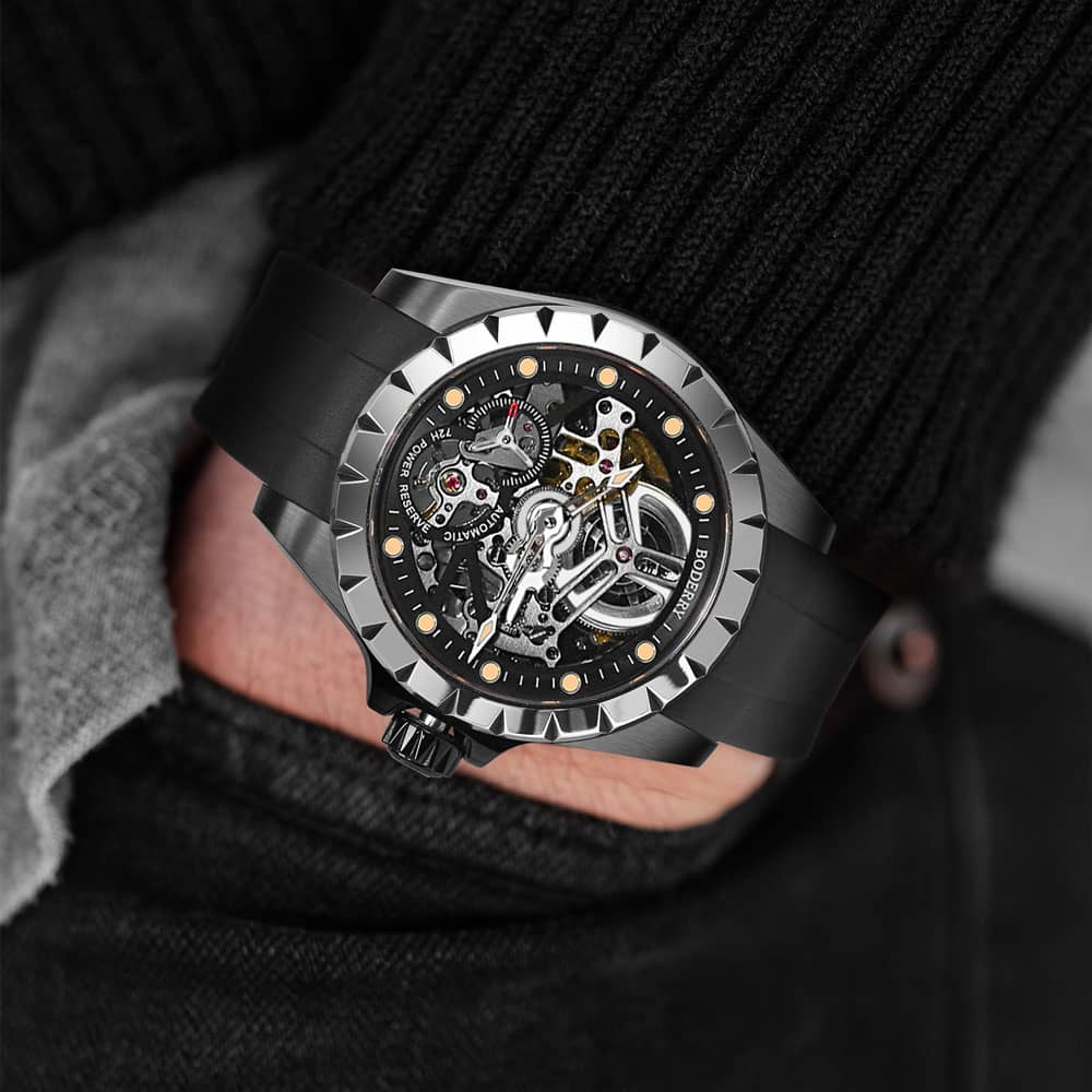 WINDMILL - Original Skeleton Hi-beat(28,800 bph) with 72 hrs Power-reserve Automatic Watch | Black Dial & Rubber Strap