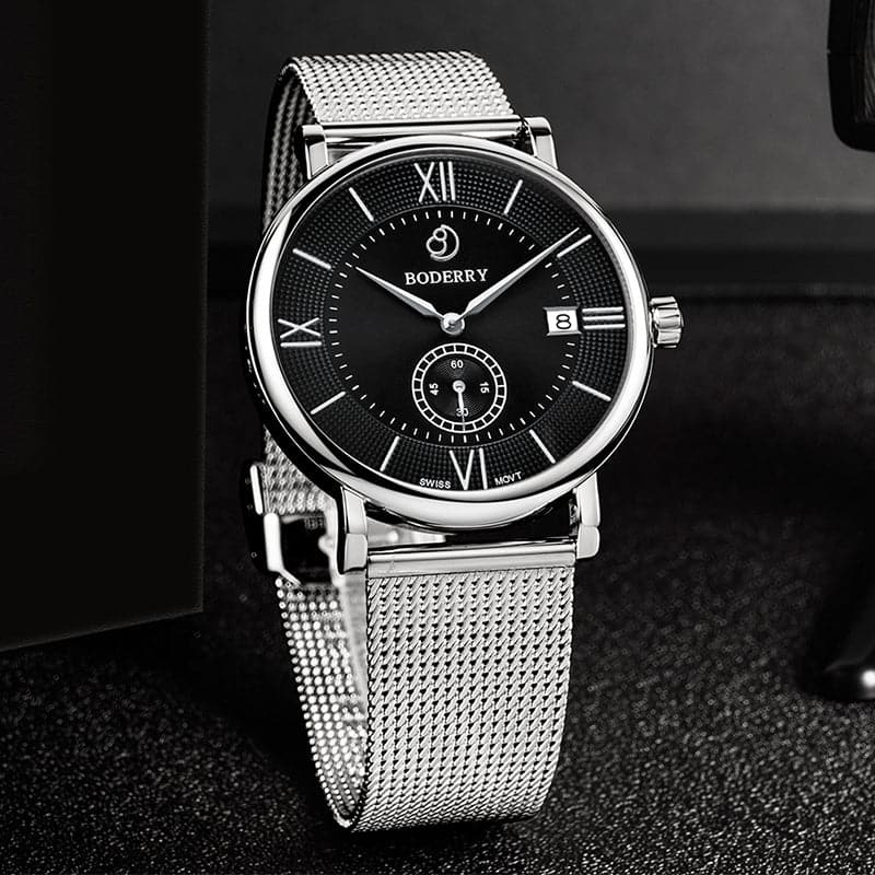 Mens Quartz(Swiss Movement) Watch | Silver/Black Dial-Boderry Elegant Boderry Watches