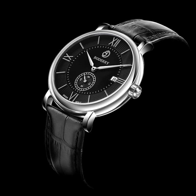 Mens Quartz(Swiss Movement) Watch | Silver/Black Dial-Boderry Elegant Boderry Watches