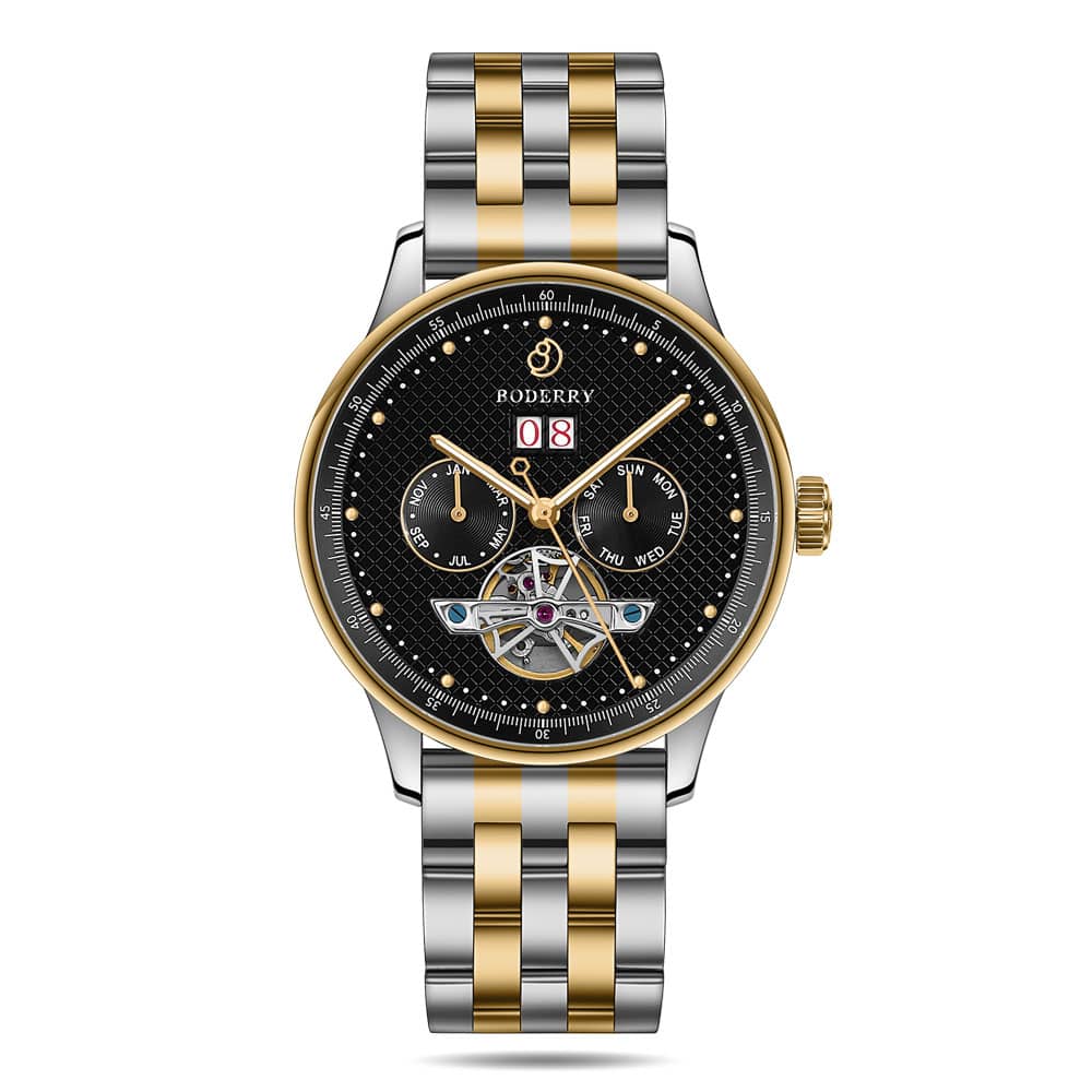 THE CHECKMATE - Complication Automatic Watch with Date,Day,Month Display -Gold Black & Two Tone Bracelet