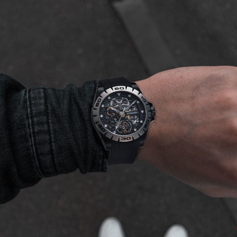 Men's Skeleton Automatic Watch | Black Case/Rubber-Boderry Urban Boderry Watches