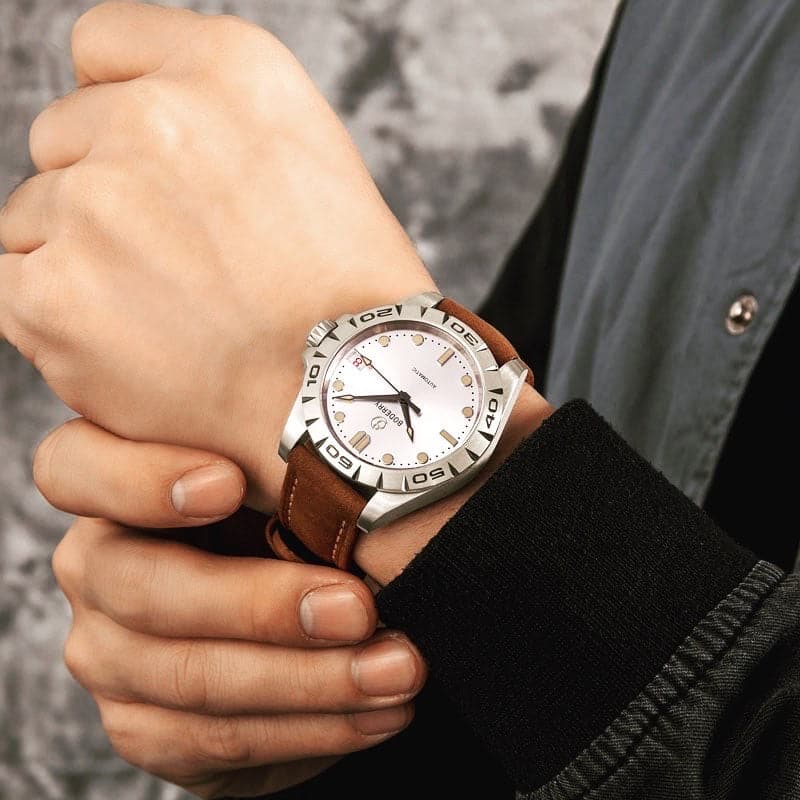 Mens Automatic Titanium Watch | Grey Dial/Leather Strap -Boderry Urban Date Boderry Watches