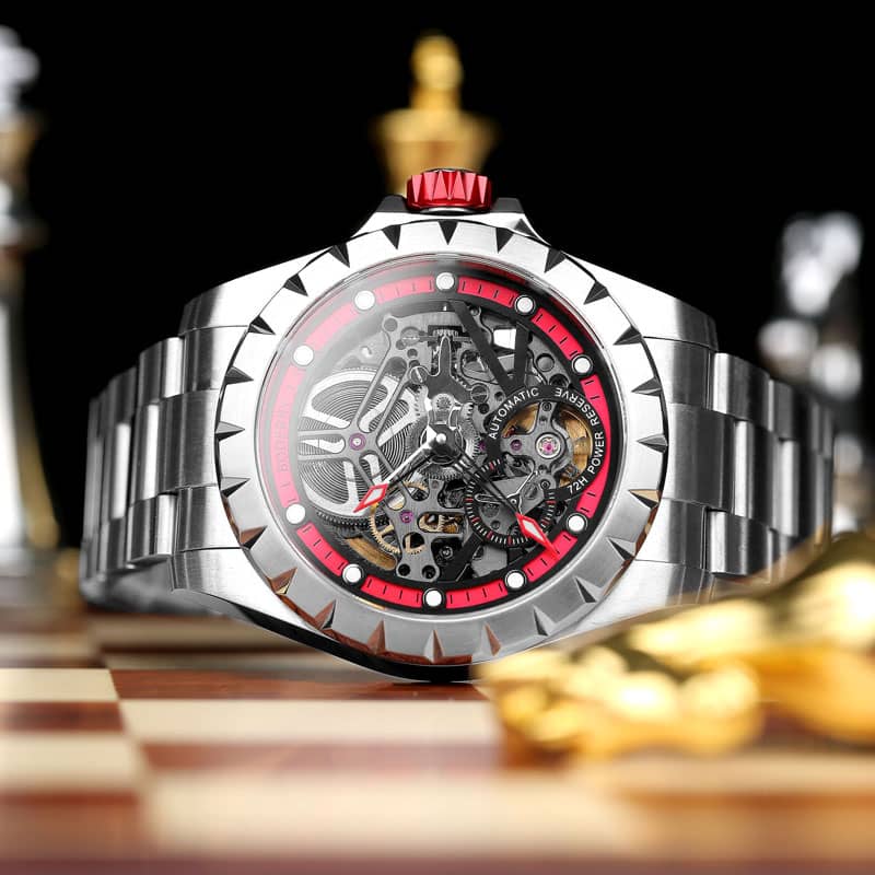 WINDMILL - Original Skeleton Hi-beat(28,800 bph) with 72 hrs Power-reserve Automatic Watch | Red Dial & Bracelet