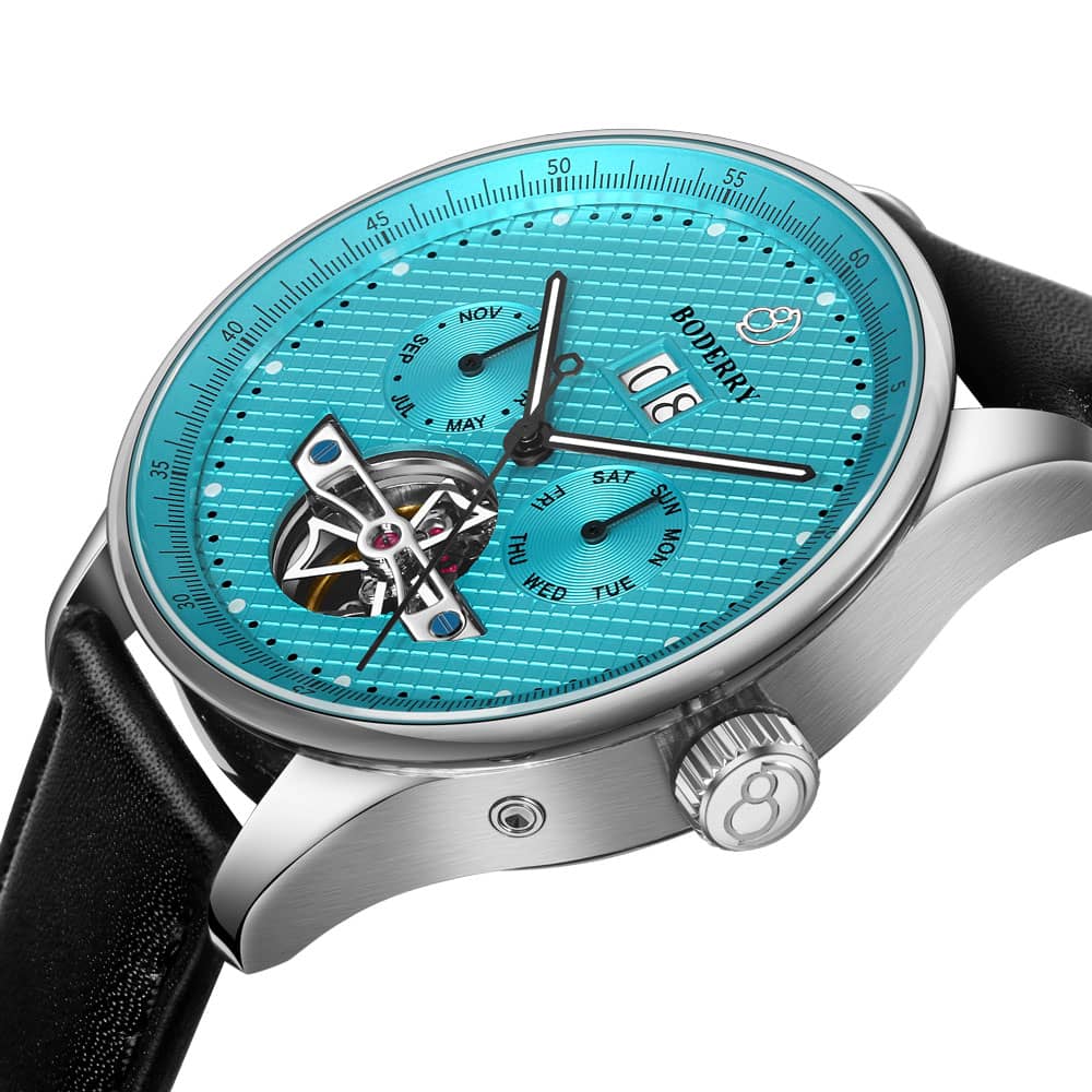 THE CHECKMATE - Complication Automatic Watch with Date,Day,Month Display -Turquoise & Leather Strap