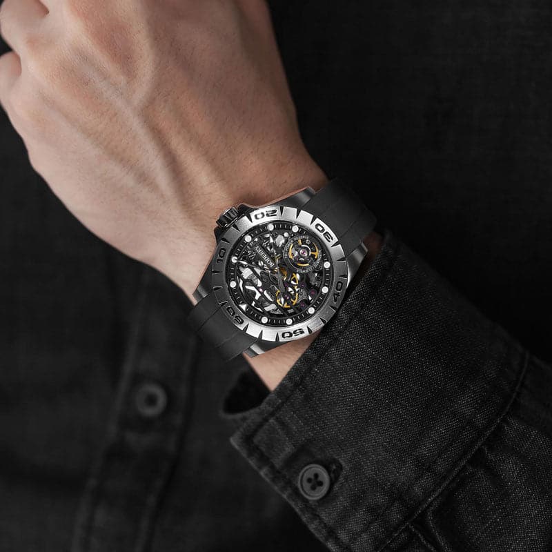 Men's Skeleton Automatic Watch | Black Case/Rubber-Boderry Urban Boderry Watches