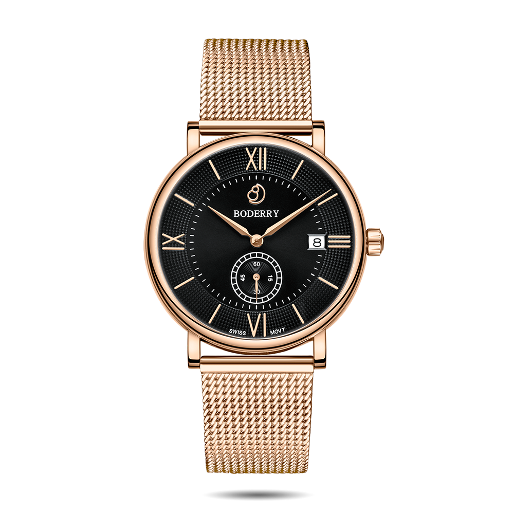 ELEGANT - Swiss Quartz Movement Watch | Rose Gold & Black Dial
