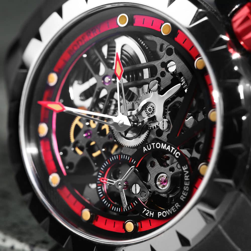 WINDMILL - Original Skeleton Hi-beat(28,800 bph) with 72 hrs Power-reserve Automatic Watch | Red Dial & Rubber Strap