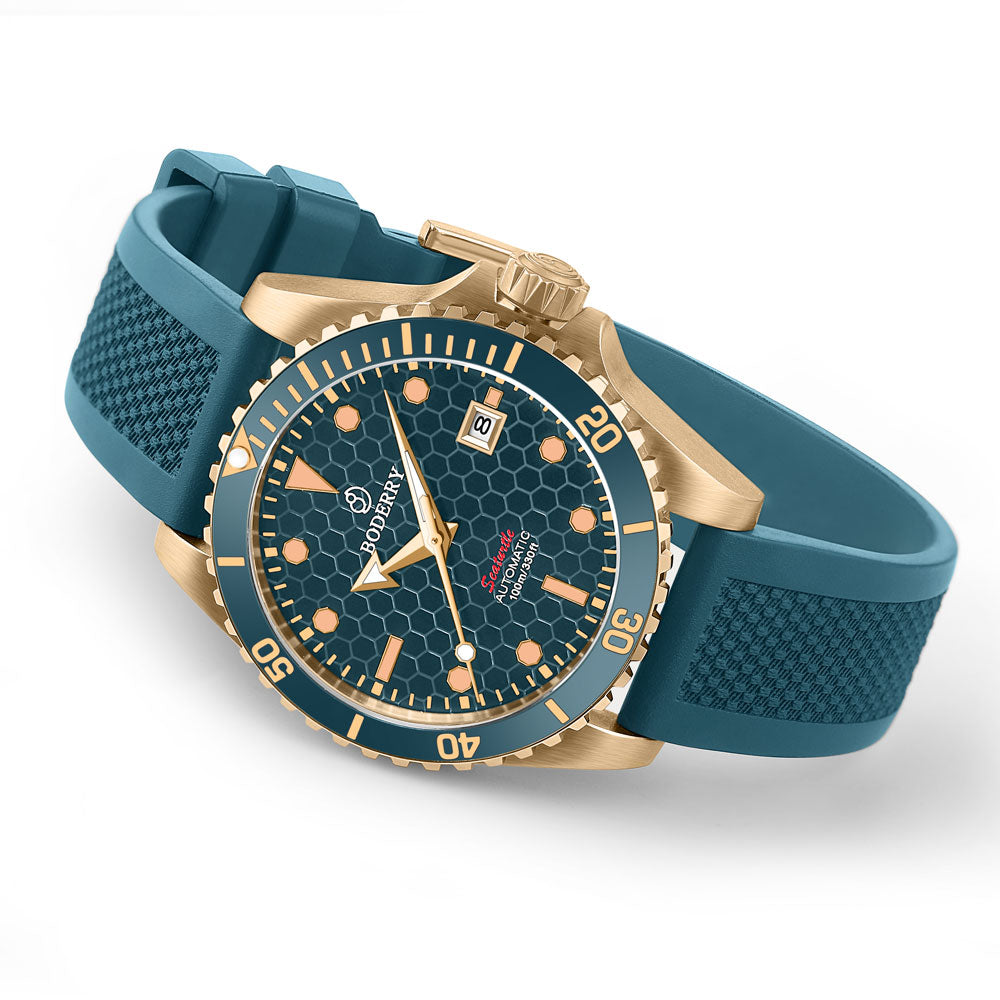 SEATURTLE.OCEAN(BRONZE) - Automatic Bronze Diver Watch | Sea Blue/FKM Rubber