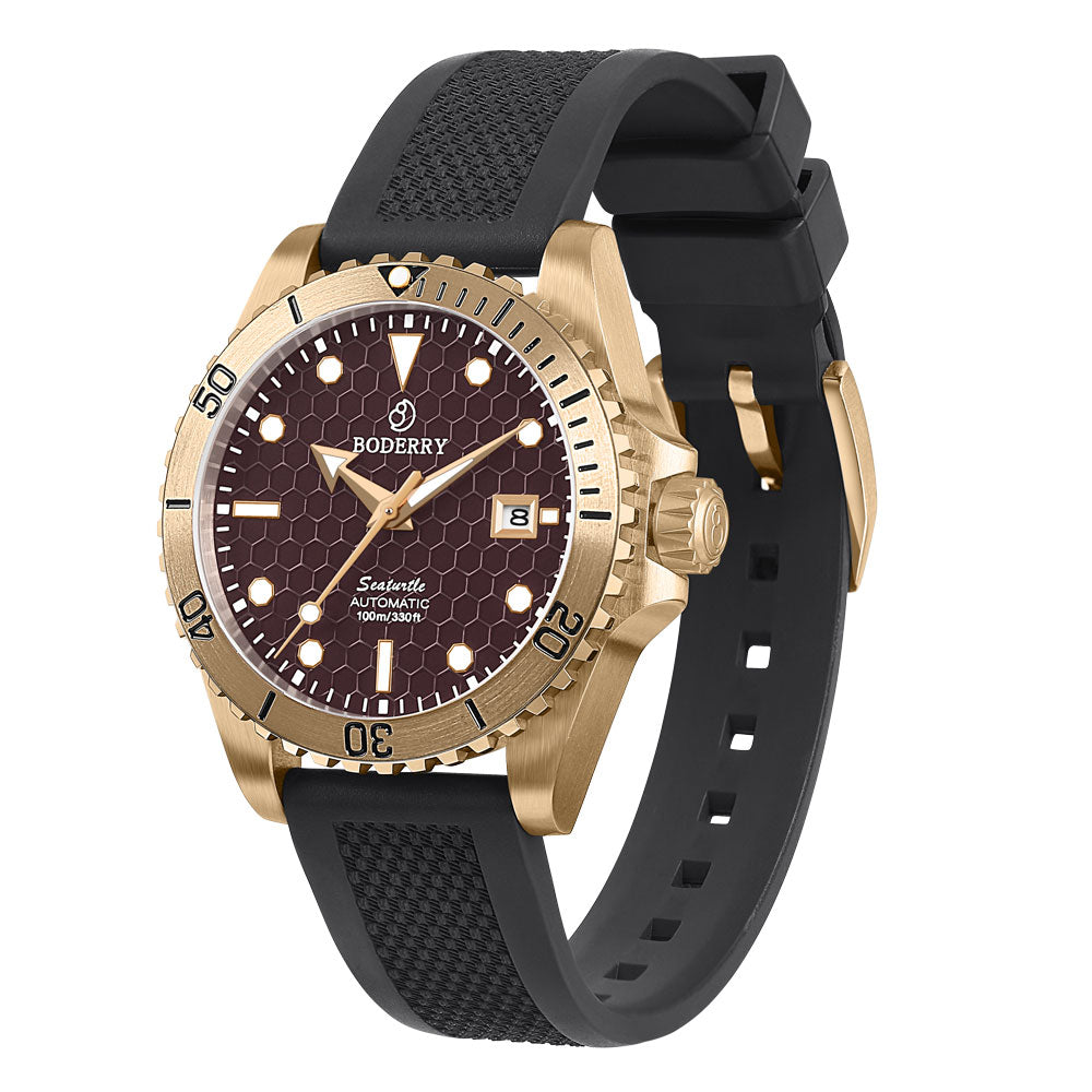 SEATURTLE.OCEAN(BRONZE) - Automatic Bronze Diver Watch | Red/FKM Rubber