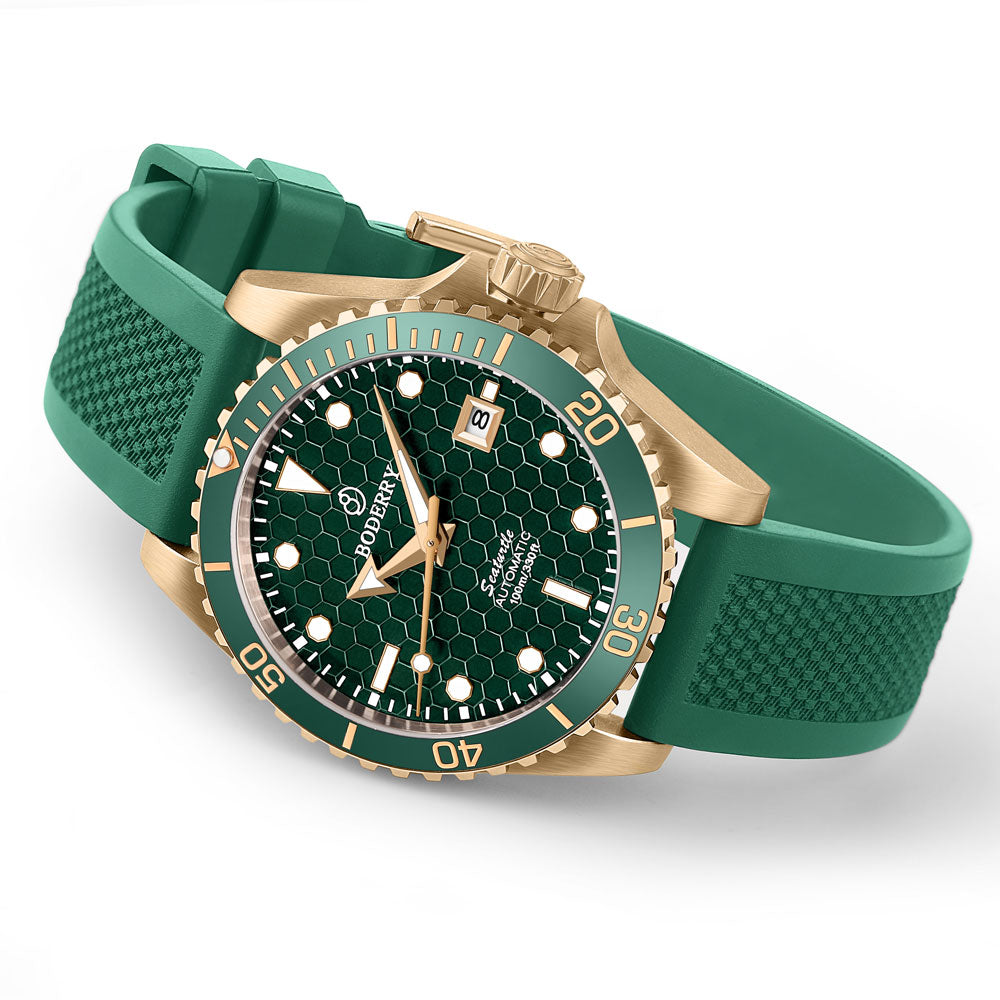 SEATURTLE.OCEAN(BRONZE) - Automatic Bronze Diver Watch | Turtle Green/FKM Rubber