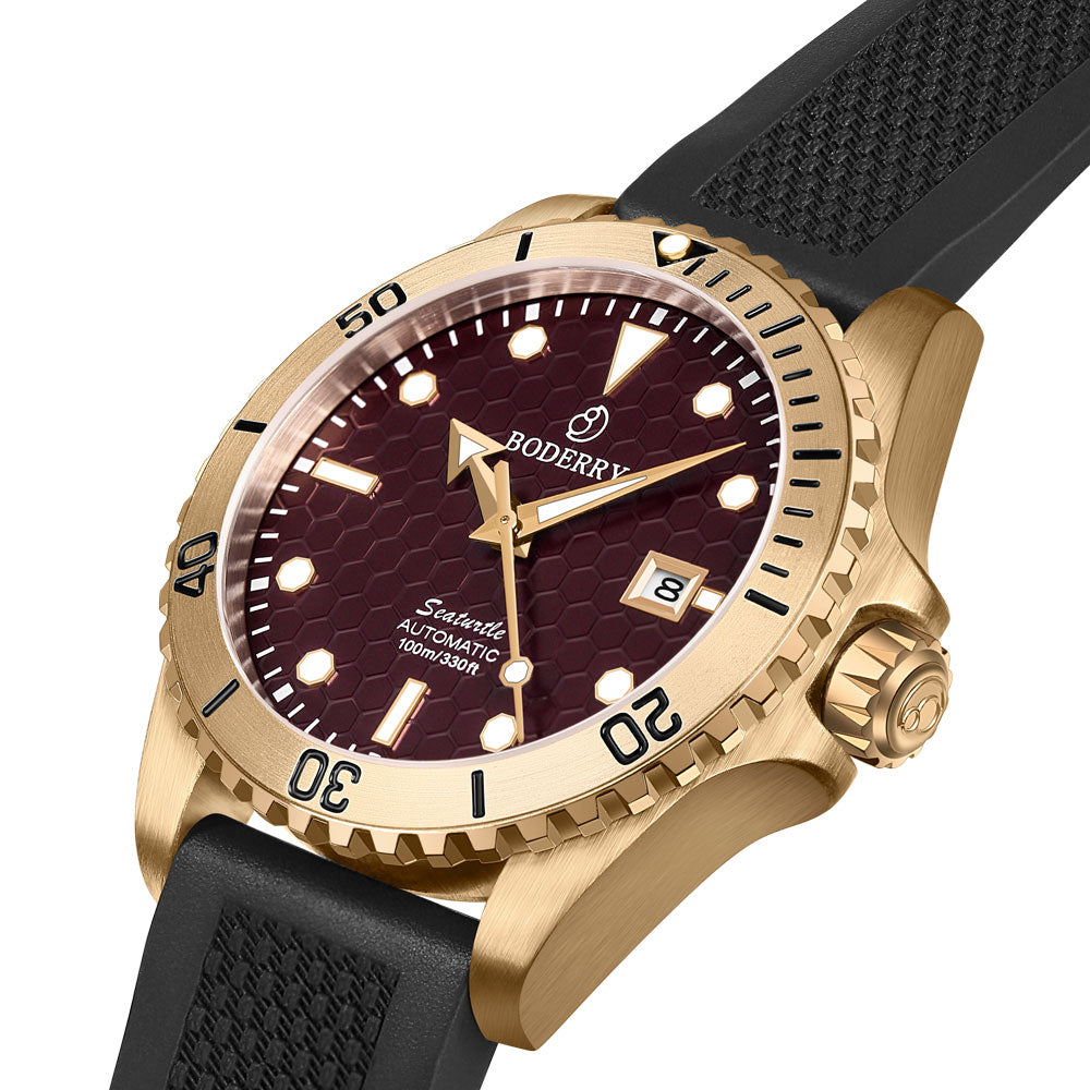 SEATURTLE.OCEAN(BRONZE) - Automatic Bronze Diver Watch | Red/FKM Rubber