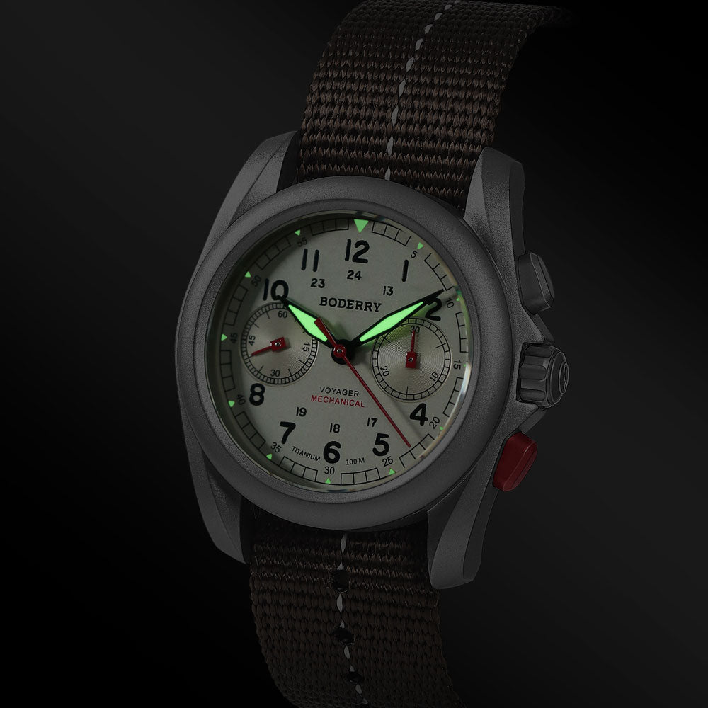 VOYAGER - Titanium Mechanical Chronograph Field Watch, 100M Water Resistant | Cream