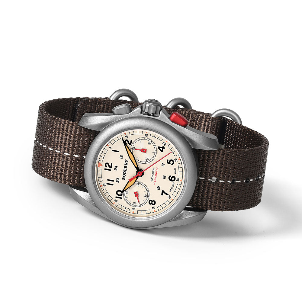 VOYAGER - Titanium Mechanical Chronograph Field Watch, 100M Water Resistant | Cream