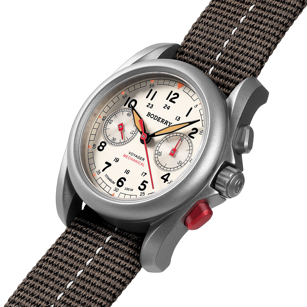 VOYAGER - Titanium Mechanical Chronograph Field Watch, 100M Water Resistant | Cream