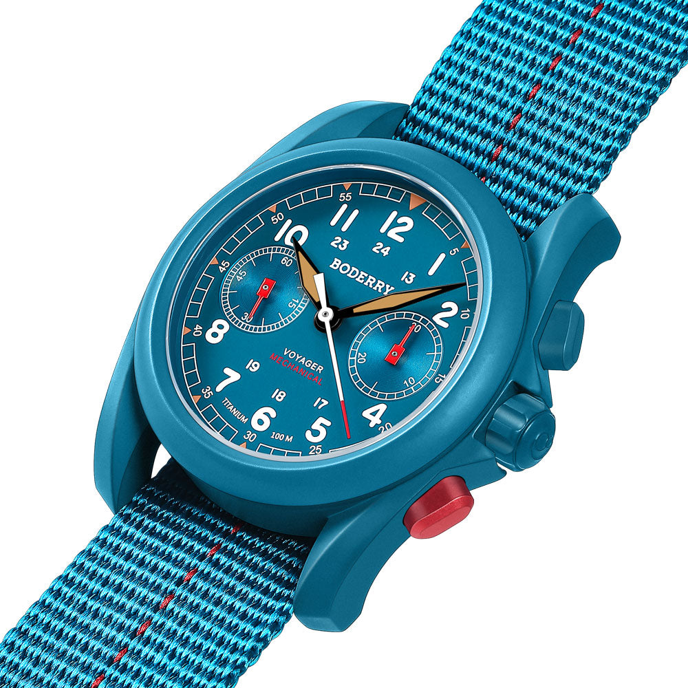 VOYAGER - Titanium Mechanical Chronograph Field Watch, 100M Water Resistant | Cerulean Blue