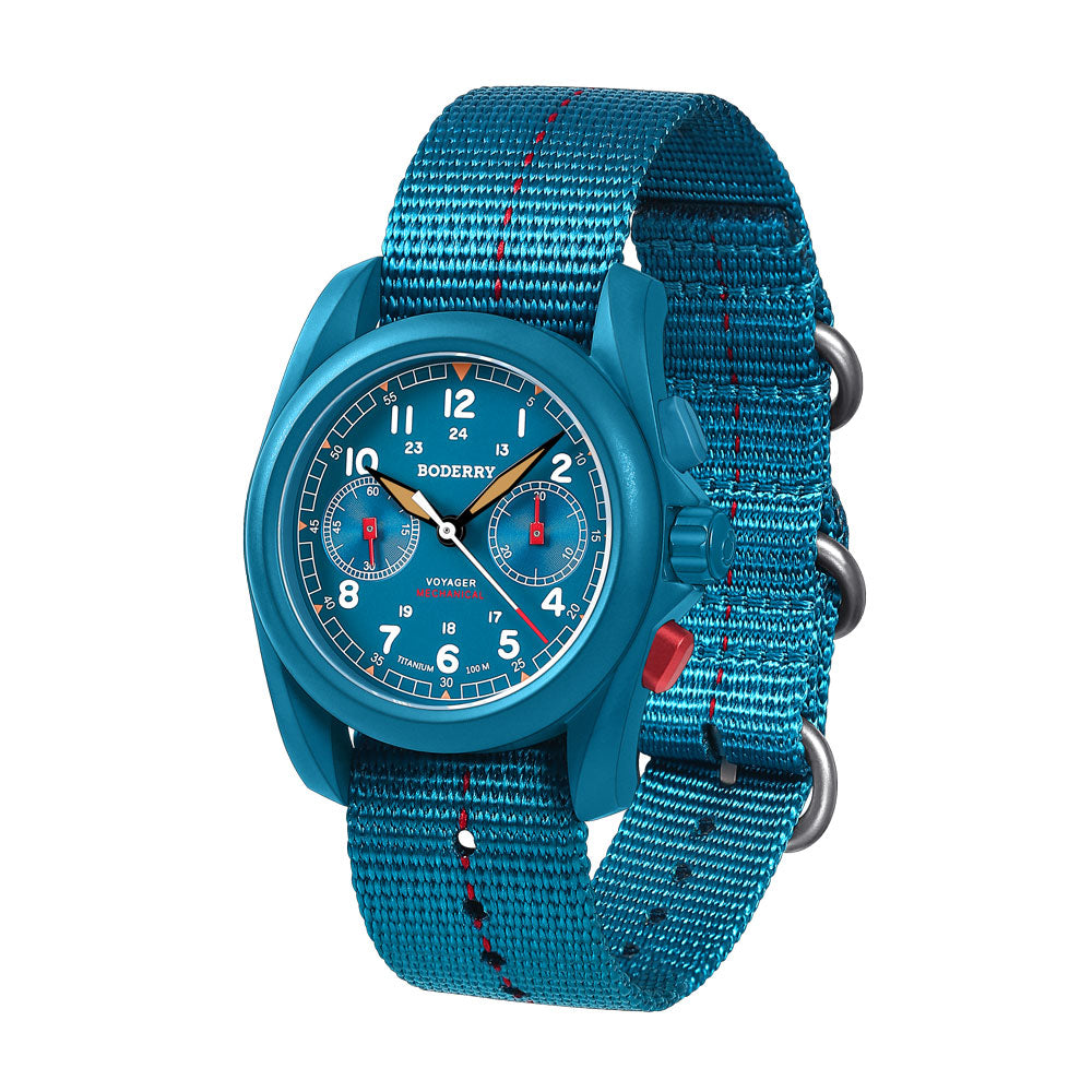 VOYAGER - Titanium Mechanical Chronograph Field Watch, 100M Water Resistant | Cerulean Blue