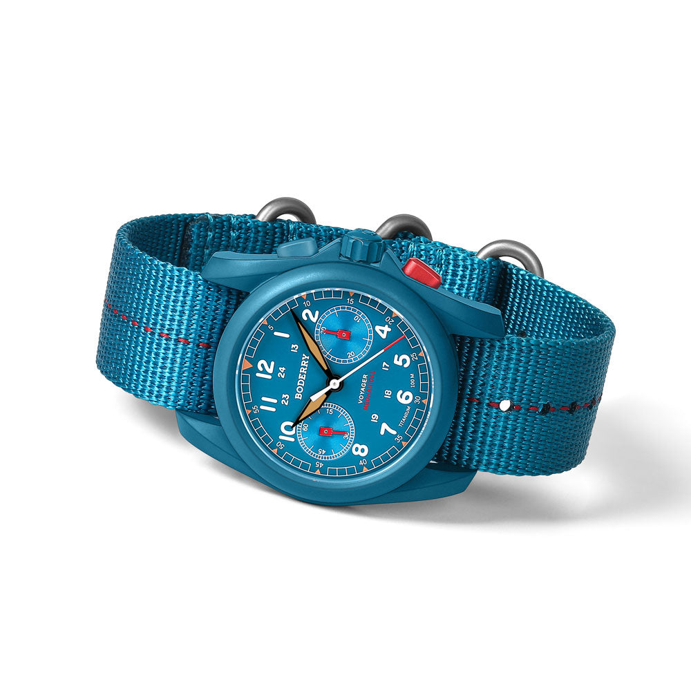 VOYAGER - Titanium Mechanical Chronograph Field Watch, 100M Water Resistant | Cerulean Blue