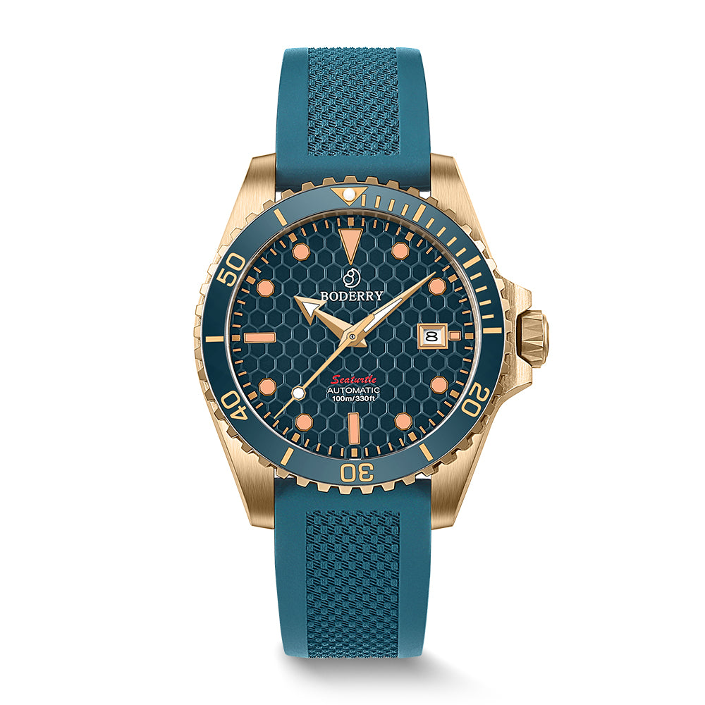 SEATURTLE.OCEAN(BRONZE) - Automatic Bronze Diver Watch | Sea Blue/FKM Rubber