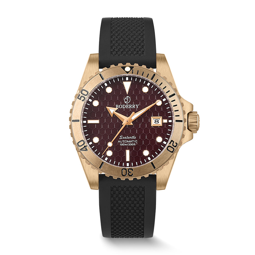 SEATURTLE.OCEAN(BRONZE) - Automatic Bronze Diver Watch | Red/FKM Rubber