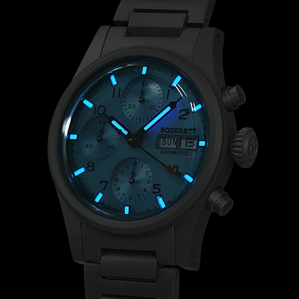 LANDMASTER Chronograph – Titanium Automatic Tritium Field Watch | Ice Blue-bracelet