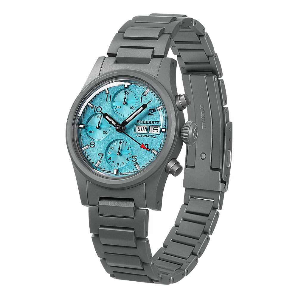 LANDMASTER Chronograph – Titanium Automatic Tritium Field Watch | Ice Blue-bracelet