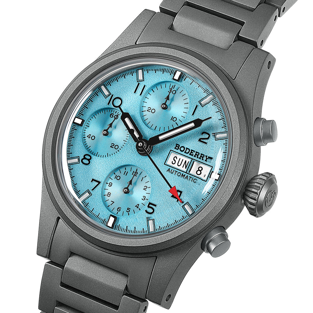 LANDMASTER Chronograph – Titanium Automatic Tritium Field Watch | Ice Blue-bracelet