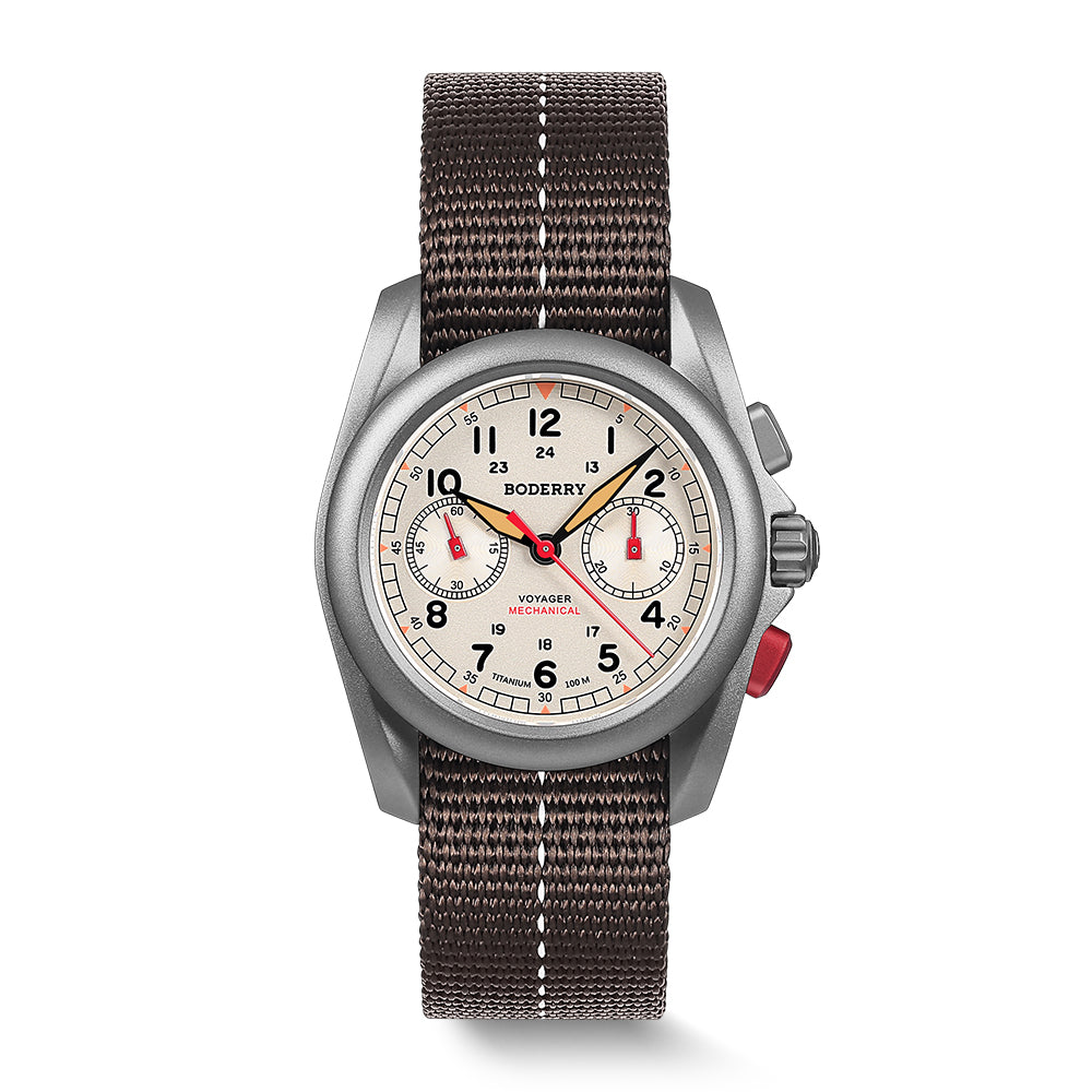 VOYAGER - Titanium Mechanical Chronograph Field Watch, 100M Water Resistant | Cream