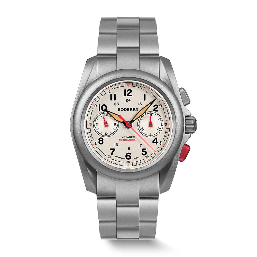 VOYAGER Chronograph - Titanium Mechanical Field Watch, 100M Water Resistant | Cream/Bracelet