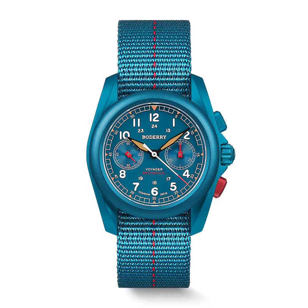 VOYAGER - Titanium Mechanical Chronograph Field Watch, 100M Water Resistant | Cerulean Blue