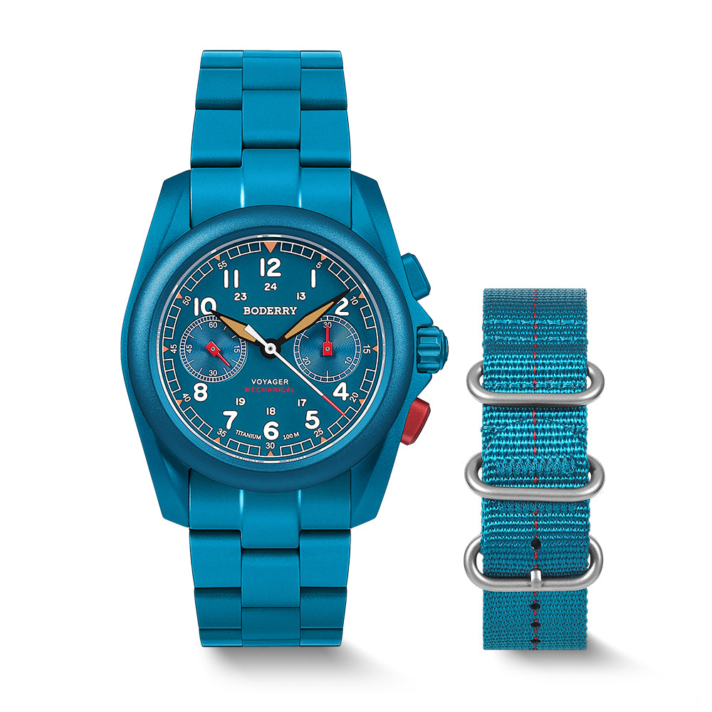 VOYAGER Chronograph - Titanium Mechanical Field Watch, 100M Water Resistant | Cerulean Blue/Bracelet