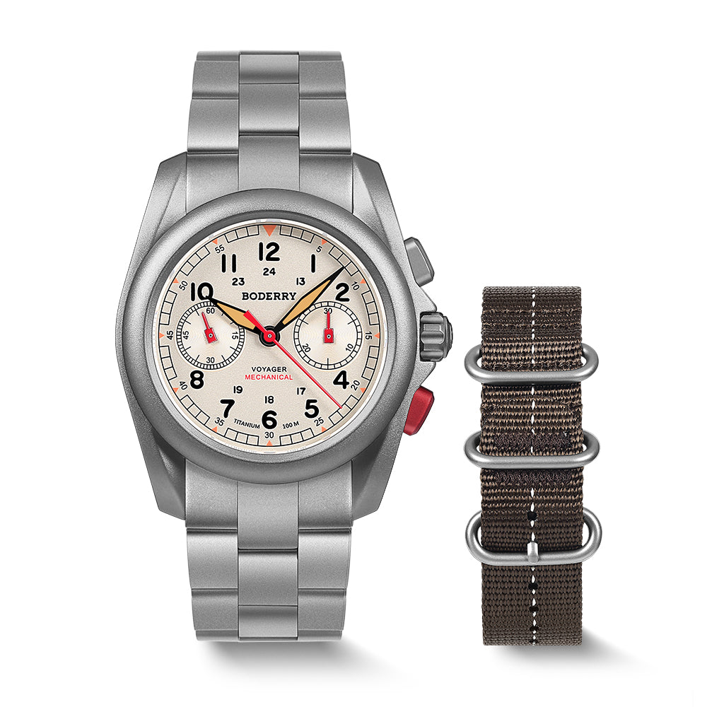 VOYAGER Chronograph - Titanium Mechanical Field Watch, 100M Water Resistant | Cream/Bracelet