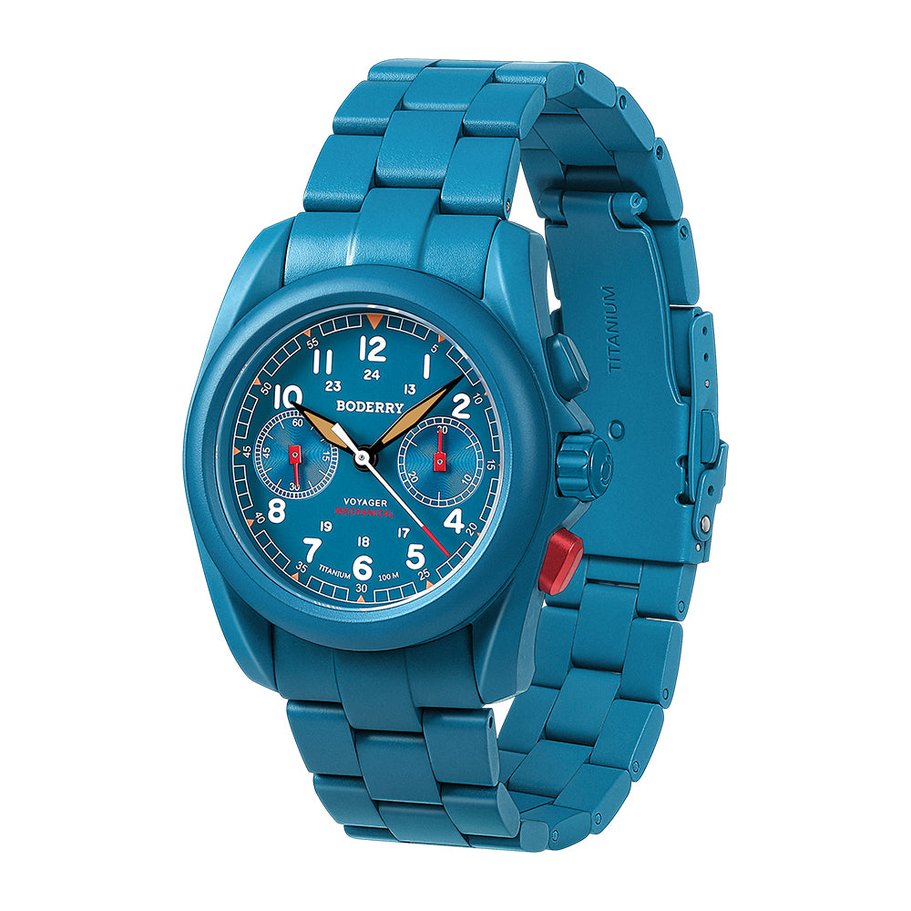 VOYAGER Chronograph - Titanium Mechanical Field Watch, 100M Water Resistant | Cerulean Blue/Bracelet