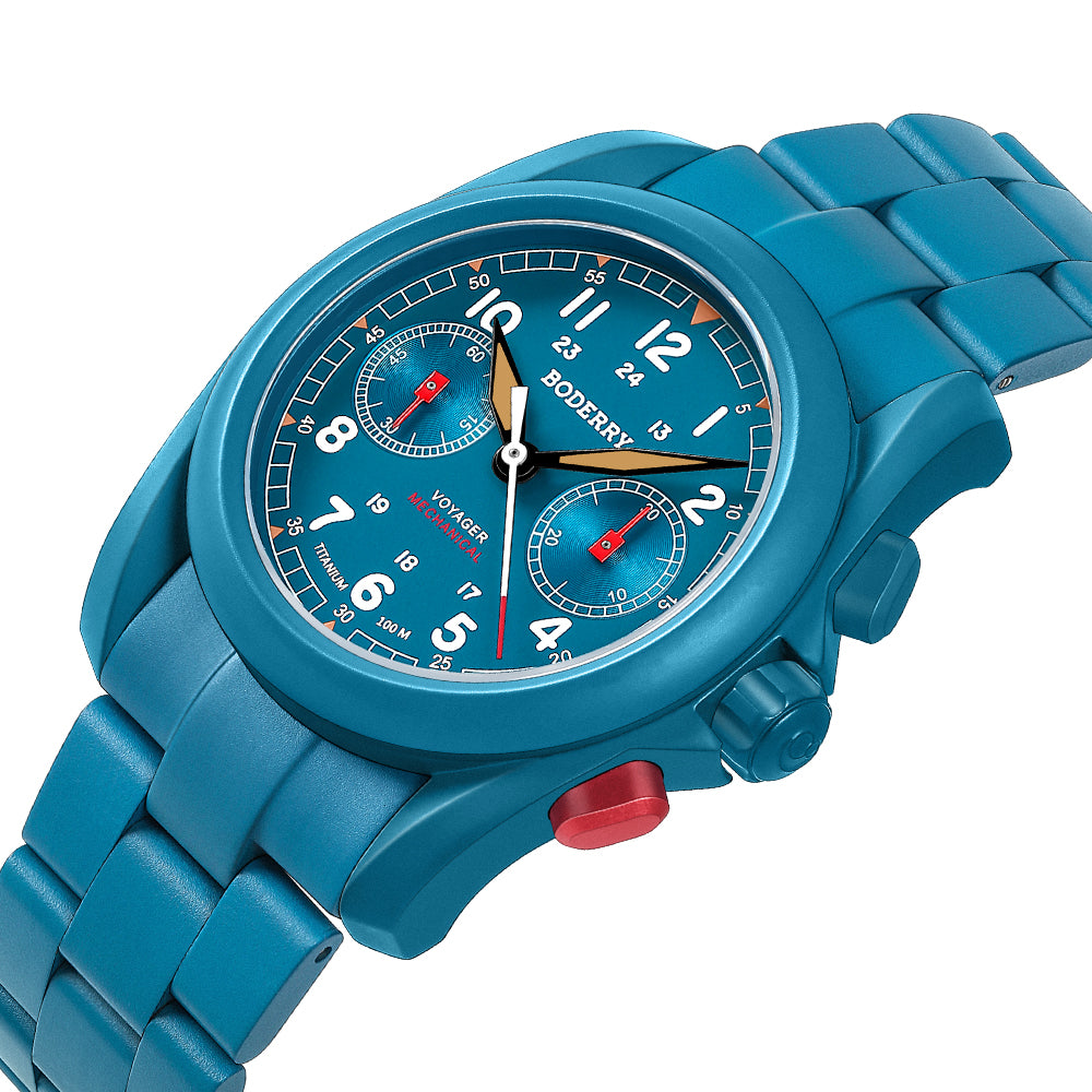 VOYAGER Chronograph - Titanium Mechanical Field Watch, 100M Water Resistant | Cerulean Blue/Bracelet