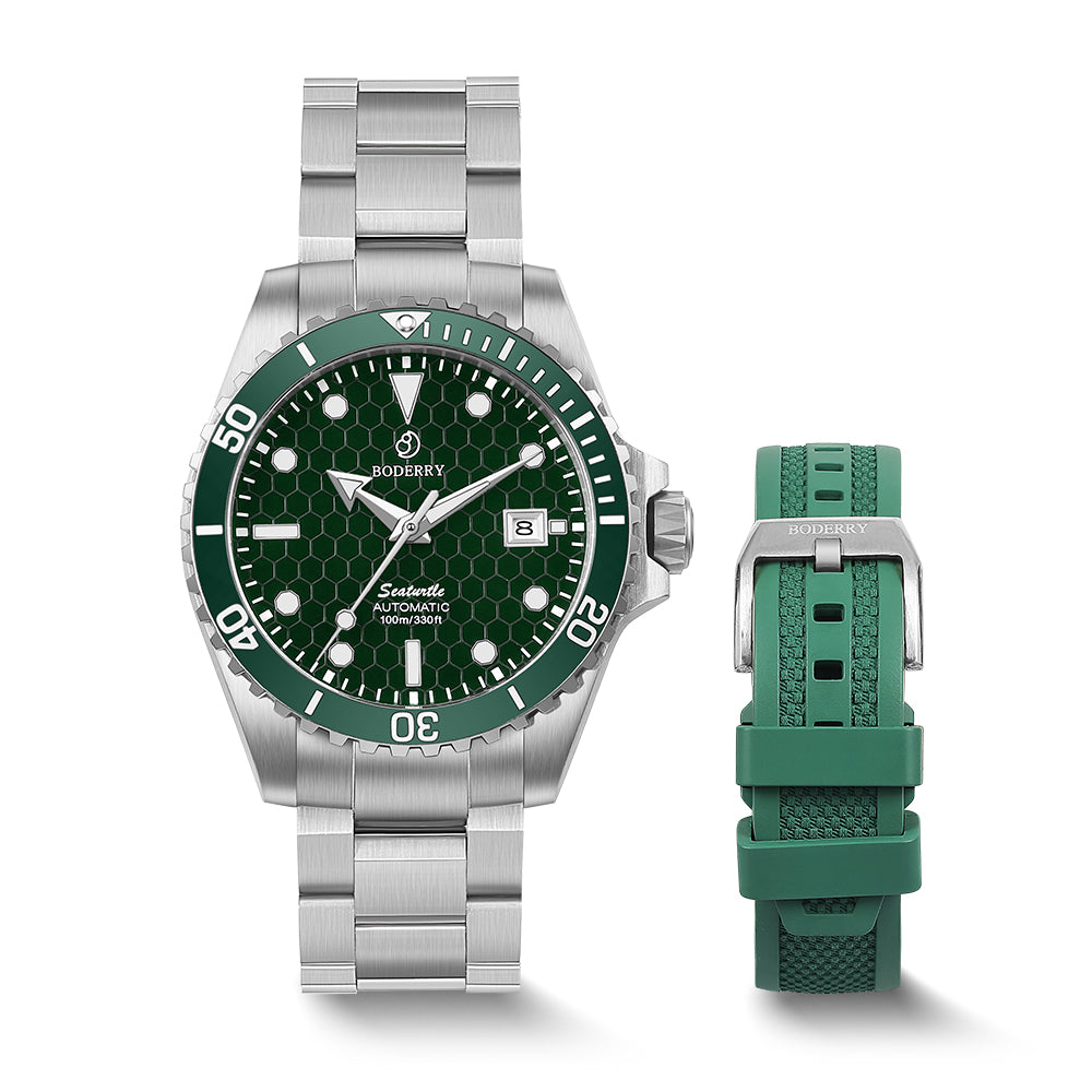SEATURTLE.OCEAN(TITANIUM) - Automatic Titanium Diver Watch | Turtle Green/Ti-bracelet