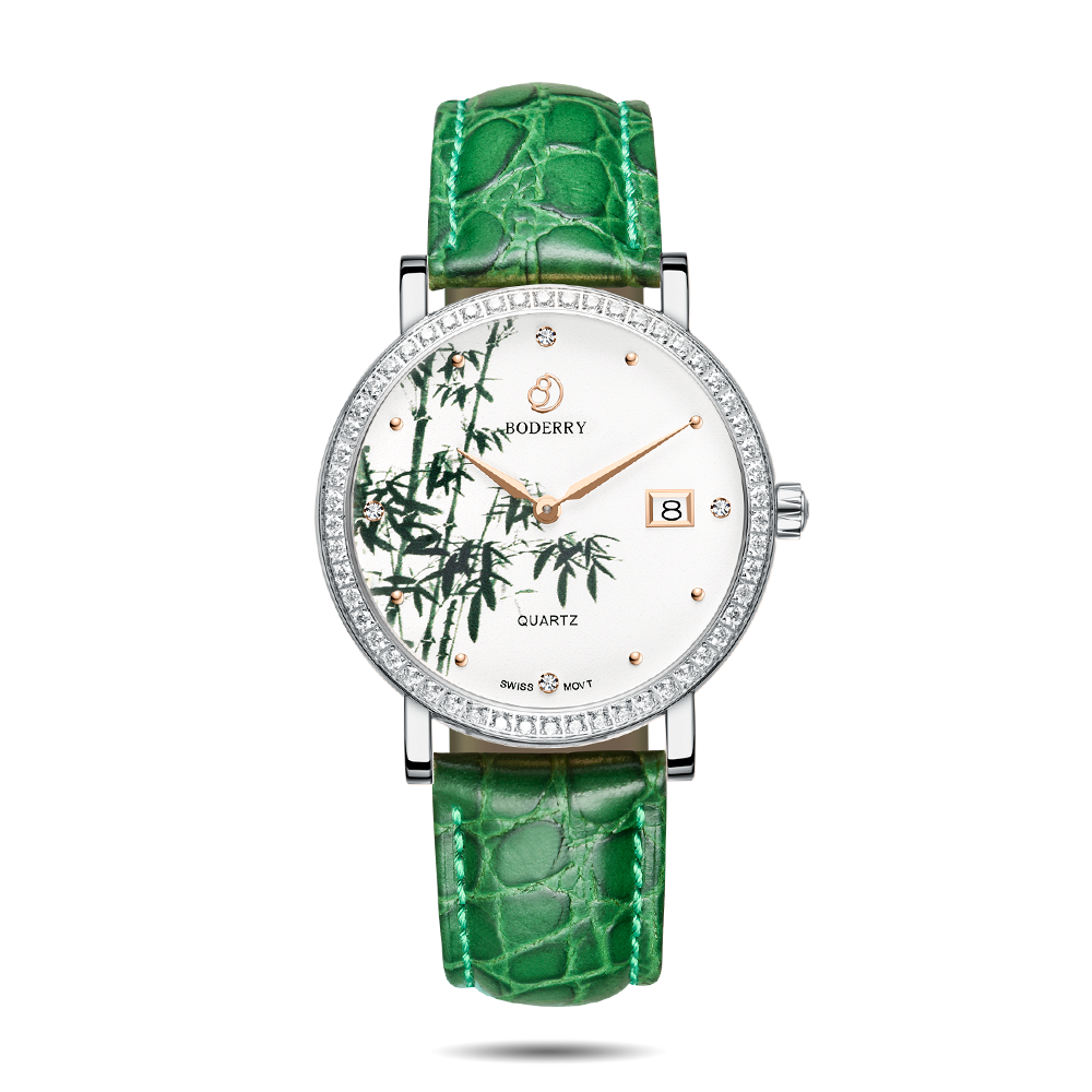 Women Watch | Bamboo Green Diamond Swiss Watches-Boderry Flower Boderry Watches