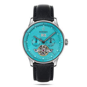 THE CHECKMATE - Complication Automatic Watch with Date,Day,Month Display -Turquoise & Leather Strap